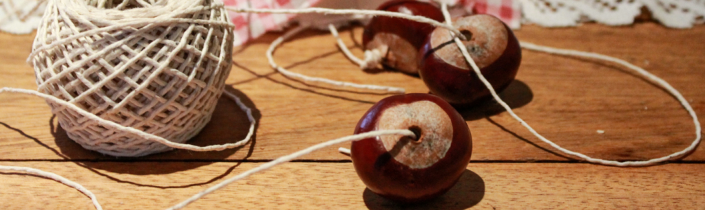 Two prepared conkers with a ball of string 