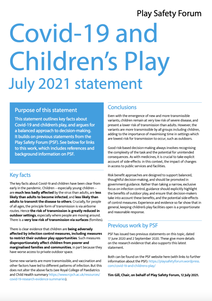 Play Safety Forum: Covid-19 and Children’s Play July 2021 statement