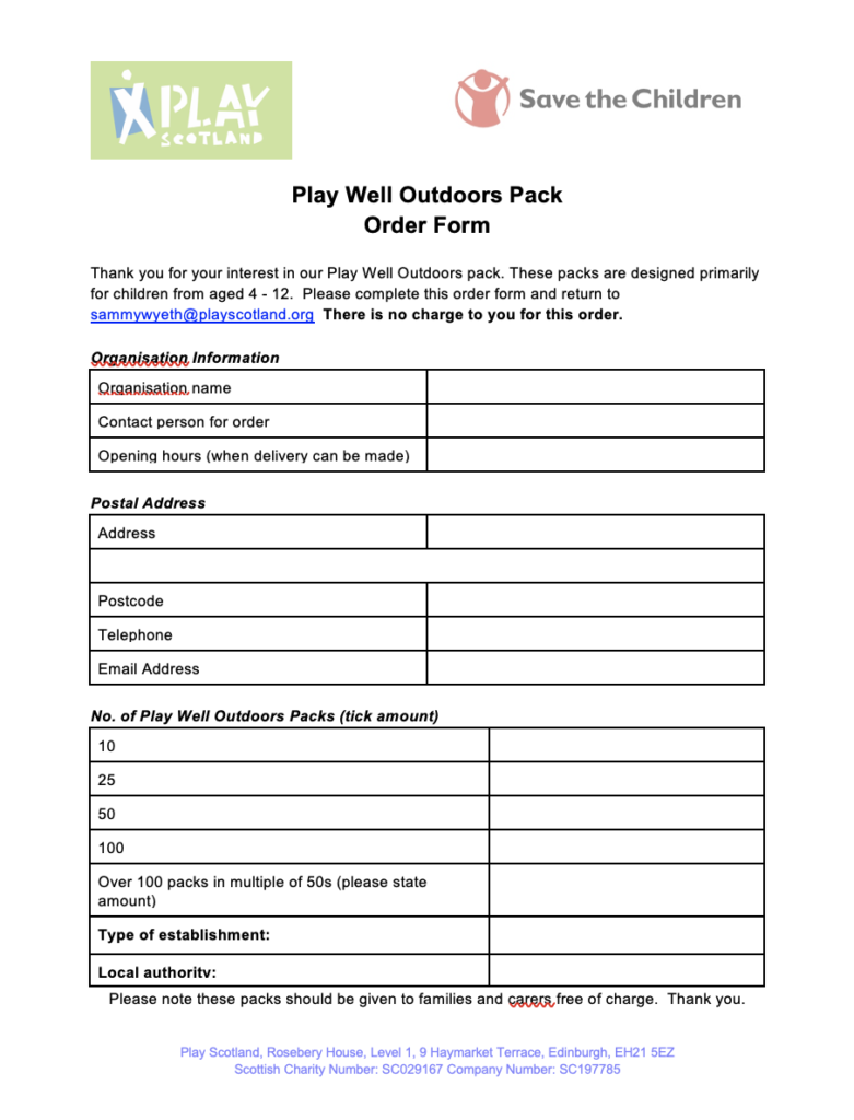 Play Well Outdoors Pack Order Form
