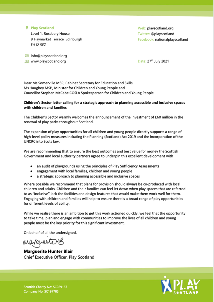 Play Scotland play parks letter July 2021