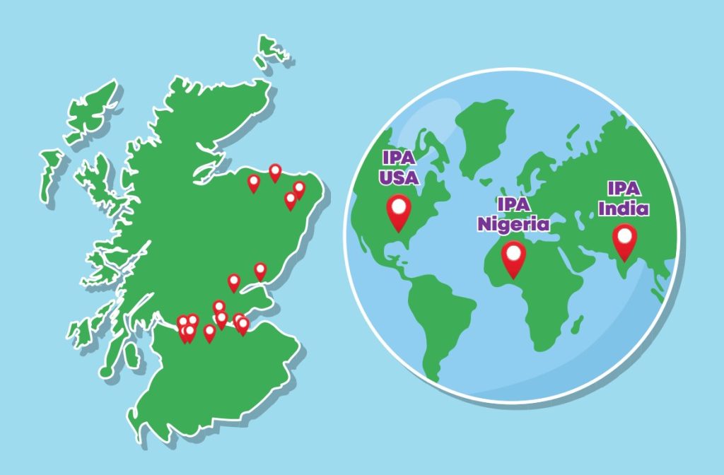 a map of scotland and a map of the world showing pins to the groups locations. 